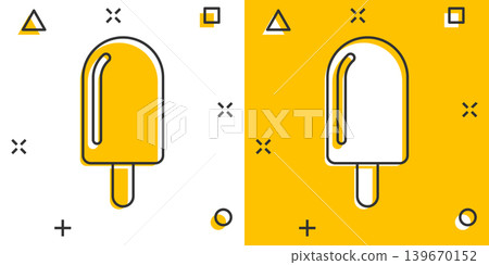 Ice cream icon in comic style. Sundae cartoon vector illustration on white isolated background. Sorbet dessert splash effect business concept. Ice cream icon in comic style. Sundae cartoon vector illustration on white isolated background. Sorbet dessert splash effect business concept. 139670152