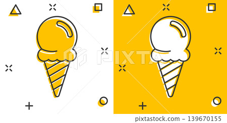 Ice cream icon in comic style. Sundae cartoon vector illustration on white isolated background. Sorbet dessert splash effect business concept. Ice cream icon in comic style. Sundae cartoon vector illustration on white isolated background. Sorbet dessert splash effect business concept. 139670155