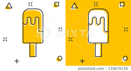 Ice cream icon in comic style. Sundae cartoon vector illustration on white isolated background. Sorbet dessert splash effect business concept. Ice cream icon in comic style. Sundae cartoon vector illustration on white isolated background. Sorbet dessert splash effect business concept. 139670156