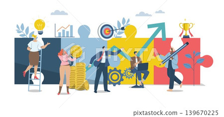Working together in finance and investment with unity until success, Symbol of teamwork, Effective teamwork, Businessmen work together to solve jigsaw puzzles with unity.  Vector design illustration. 139670225