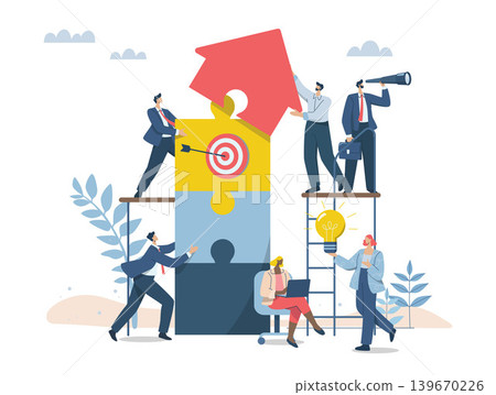 Growth of company or organization, Effective teamwork, Business people working together to complete jigsaw puzzle with unity, Team building and business concept. Vector design illustration. Growth of company or organization, Effective teamwork, Business people working together to complete jigsaw puzzle with unity, Team building and business concept. Vector design illustration. 139670226