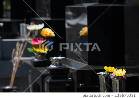 Traditional cemeteries and colorful floral offerings found in Japanese temples 139670351