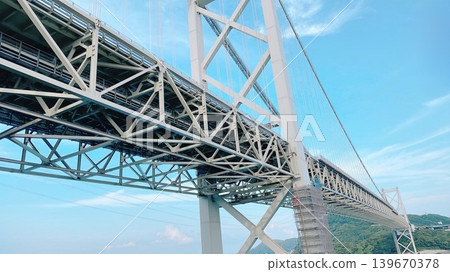 The impressive Kanmon Bridge and the blue sky viewed from below. 139670378