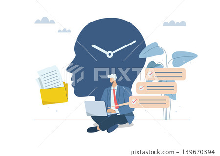 Effective organization of work in thought, Time management, Planning, Work control, Prioritization, Businessman plans work regulations and executes it,  Vector design illustration. 139670394