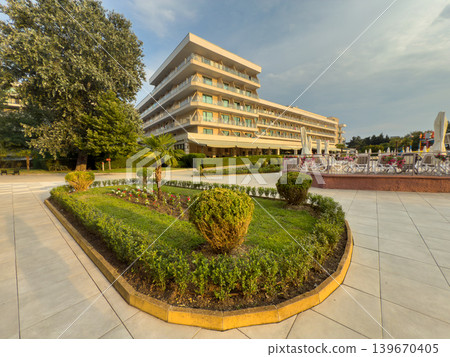 Modern Resort Hotel Building Garden Patio View Modern Resort Hotel Building Garden Patio View 139670405