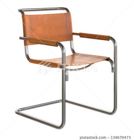 Modern retro vintage armchair with brown leather seat and metal frame Modern retro vintage armchair with brown leather seat and metal frame 139670473