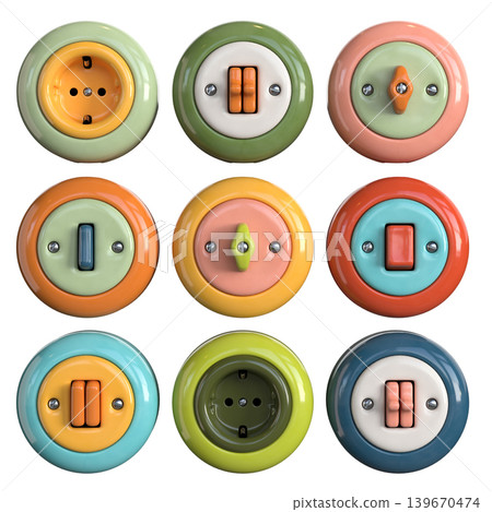 Vintage retro style ceramic multi colored switch. and sockets. Vintage retro style ceramic multi colored switch. and sockets. 139670474