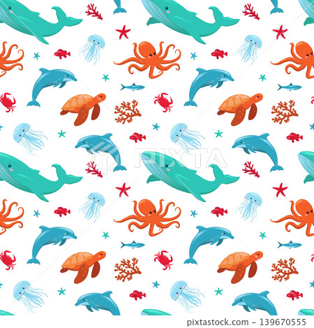 Sea animals seamless pattern, cute marine life vector illustration with whale, octopus, dolphin and turtle, colorful ocean underwater creatures background for kids fabric and wallpaper 139670555