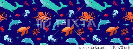Sea animals seamless pattern on dark blue, cute marine life vector illustration with whale, octopus, dolphin and turtle, colorful ocean underwater creatures background for kids fabric 139670556