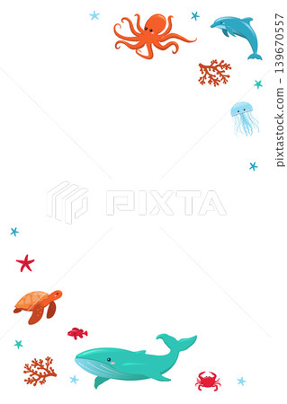 Nautical vertical border template featuring cartoon whale, jellyfish, and sea turtle, playful aquatic animal frame for nursery invitations, announcements, and children's branding Nautical vertical border template featuring cartoon whale, jellyfish, and sea turtle, playful aquatic animal frame for nursery invitations, announcements, and children's branding 139670557