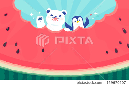 可愛的橫版相框 1,描繪了一隻北極熊和一隻企鵝在吃西瓜 可愛的橫版相框 1,描繪了一隻北極熊和一隻企鵝在吃西瓜 139670607