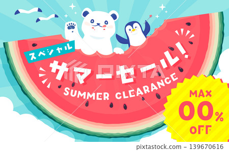 Cute summer sale template 2_horizontal featuring a polar bear and penguin eating watermelon Cute summer sale template 2_horizontal featuring a polar bear and penguin eating watermelon 139670616