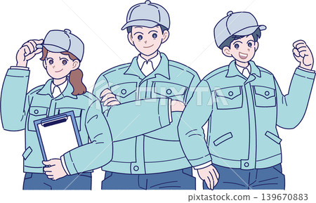 一幅描繪三名戴著帽子、穿著工作服的工人的插圖。 一幅描繪三名戴著帽子、穿著工作服的工人的插圖。 139670883