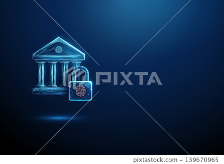 3D blue bank and padlock with fingerprint. Cybersecurity, biometric access, financial safety, identity verification, fraud prevention, trust, secure banking concept 3D blue bank and padlock with fingerprint. Cybersecurity, biometric access, financial safety, identity verification, fraud prevention, trust, secure banking concept 139670965