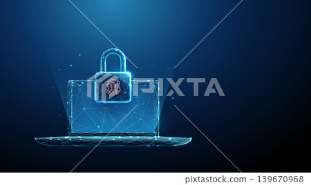 3D blue lock with fingerprint and laptop. Cybersecurity, biometric access, data protection, secure login, identity verification, device safety, privacy concept 139670968