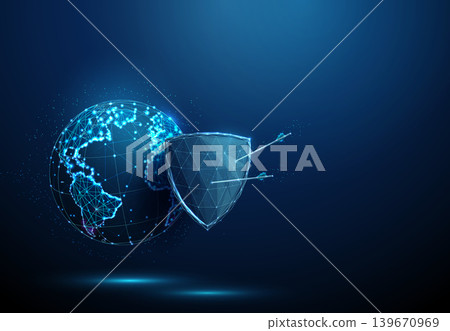 3D blue planet earth and shield with arrows. Global security, planetary protection, worldwide defense, data exchange, network safety, growth direction, trust concept 3D blue planet earth and shield with arrows. Global security, planetary protection, worldwide defense, data exchange, network safety, growth direction, trust concept 139670969
