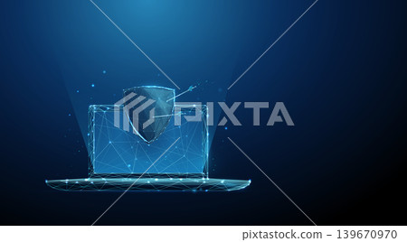 3D blue shield with arrows and laptop. Cybersecurity, device protection, data defense, secure computing, network safety, threat prevention, firewall, privacy concept 139670970