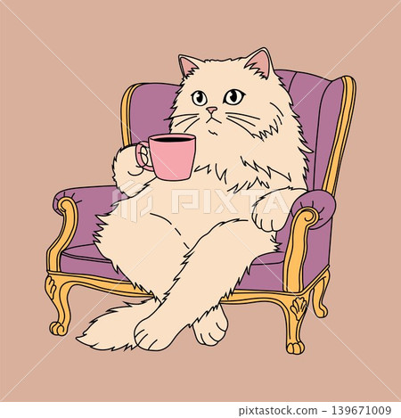 Cozy Persian Cat with Mug on Purple Armchair Cozy Persian Cat with Mug on Purple Armchair 139671009