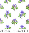 Spring flowers. Watercolor seamless pattern with purple anemone hepatica flowers and green liverwort leaves. Perfect for fabric, wallpaper, packaging and stationery. 139671331
