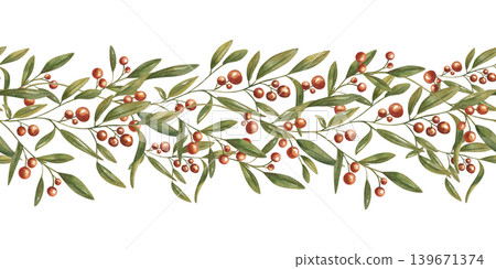 Watercolor seamless border with red berries and green leaves. Botanical horizontal banner of plant branch for Christmas invitation, greeting card, wedding decoration and textile design. 139671374