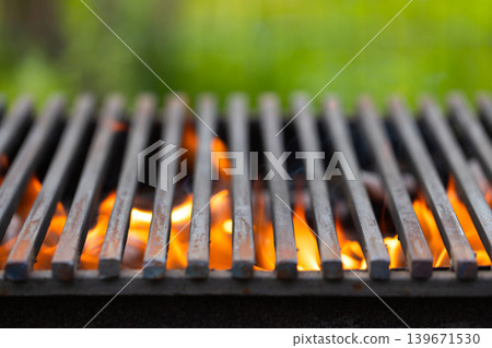 Barbecue grill with fire flames and blurred green background Barbecue grill with fire flames and blurred green background 139671530