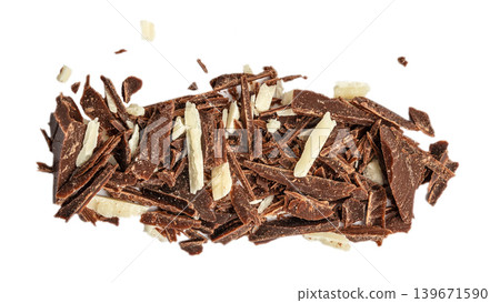 Chocolate shavings and white chocolate flakes isolated on white background top view Chocolate shavings and white chocolate flakes isolated on white background top view 139671590