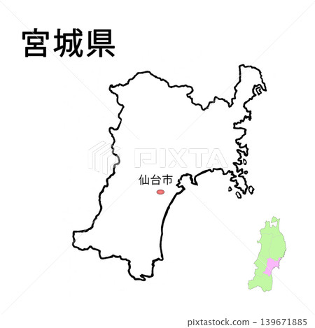 Miyagi Prefecture - Blank Map with Prefectural Capital Indicated Miyagi Prefecture - Blank Map with Prefectural Capital Indicated 139671885