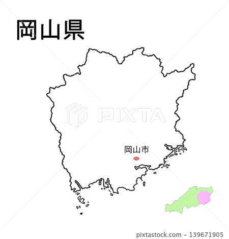 Okayama Prefecture - Blank Map with Prefectural Capital Indicated Okayama Prefecture - Blank Map with Prefectural Capital Indicated 139671905