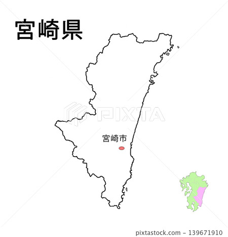 宮崎縣 - 標有縣府所在地的空白地圖 139671910