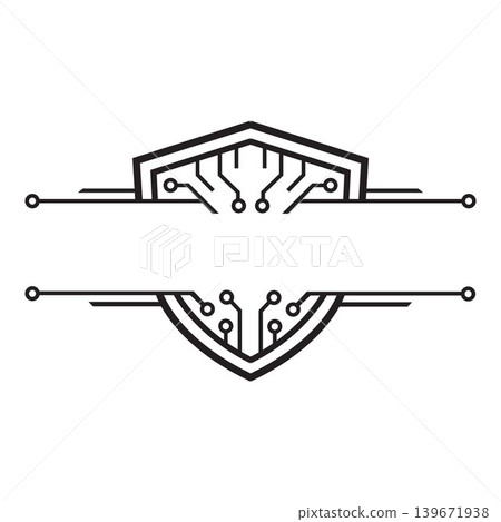 Cyber security shield frame with circuit board lines, digital technology border for network protection and data safety logo. Cyber security shield frame with circuit board lines, digital technology border for network protection and data safety logo. 139671938