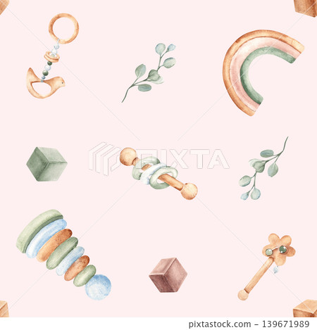 Baby Watercolor seamless pattern on. Wooden toys, rattles and eucalyptus on a pink background. Suitable for fabric, textile, wallpaper, wrapping paper and baby shower designs. Baby Watercolor seamless pattern on. Wooden toys, rattles and eucalyptus on a pink background. Suitable for fabric, textile, wallpaper, wrapping paper and baby shower designs. 139671989