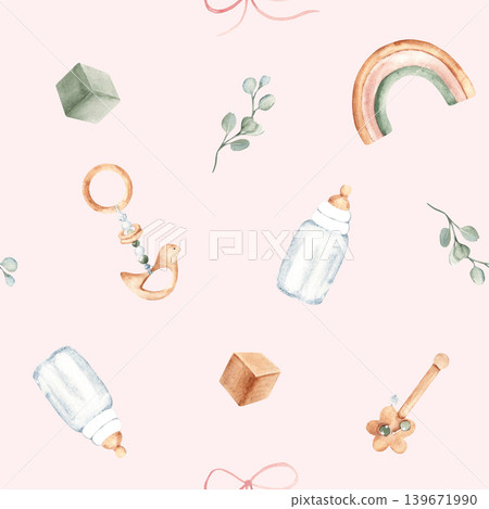 Watercolor Baby girl seamless pattern with milk bottle, wooden toys, rattle, teether and eucalyptus on a pink background. Suitable for fabric, textile, wallpaper, wrapping paper and baby shower Watercolor Baby girl seamless pattern with milk bottle, wooden toys, rattle, teether and eucalyptus on a pink background. Suitable for fabric, textile, wallpaper, wrapping paper and baby shower 139671990