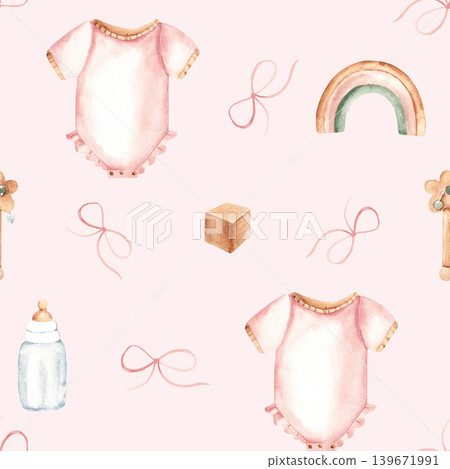Watercolor baby girl seamless pattern with onesie or bodysuit, milk bottle, wooden toys and pink bows on a pink background. Suitable for fabric, textile, wallpaper, wrapping paper and baby shower Watercolor baby girl seamless pattern with onesie or bodysuit, milk bottle, wooden toys and pink bows on a pink background. Suitable for fabric, textile, wallpaper, wrapping paper and baby shower 139671991