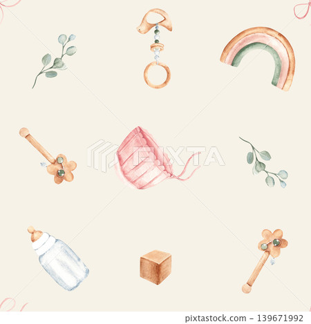 Watercolor baby girl bonnet, milk bottle and wooden toys, rattles seamless pattern on a beige pastel background. Suitable for fabric, textile, wallpaper, wrapping paper and baby shower design Watercolor baby girl bonnet, milk bottle and wooden toys, rattles seamless pattern on a beige pastel background. Suitable for fabric, textile, wallpaper, wrapping paper and baby shower design 139671992