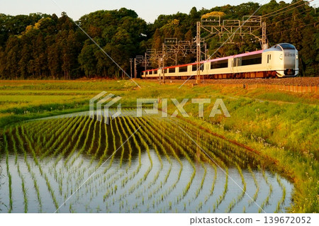 The Narita Express runs through the rural landscape at sunset in early summer. The Narita Express runs through the rural landscape at sunset in early summer. 139672052