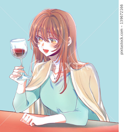 Smiling woman, wine, haori (traditional Japanese jacket), desk 139672166
