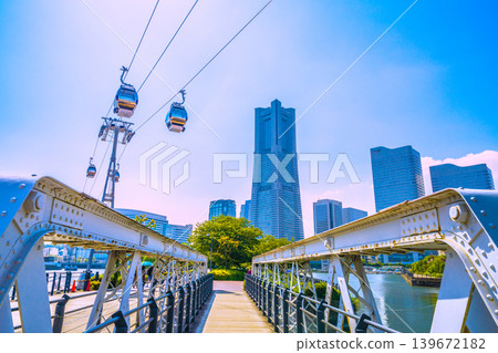 Yokohama, Japan's urban landscape renewal... Boardwalk renovation work completed. View of the Kishamichi (railway track) and other areas amidst the fresh greenery = May 15 139672182