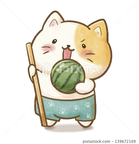 A cute watercolor illustration of a calico cat preparing to smash a watermelon - Japanese summer game/event material A cute watercolor illustration of a calico cat preparing to smash a watermelon - Japanese summer game/event material 139672189