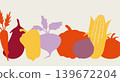 Illustration of autumn vegetable silhouettes in a row. Minimalist colorful border with pumpkin, corn, beet, and carrot for harvest festival, organic food, and kitchen decor. 139672204