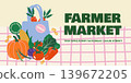 Farmer Market banner with fresh vegetables, a shopping bag, and event details. Harvest concept featuring pumpkin, tomato, and corn. 139672205