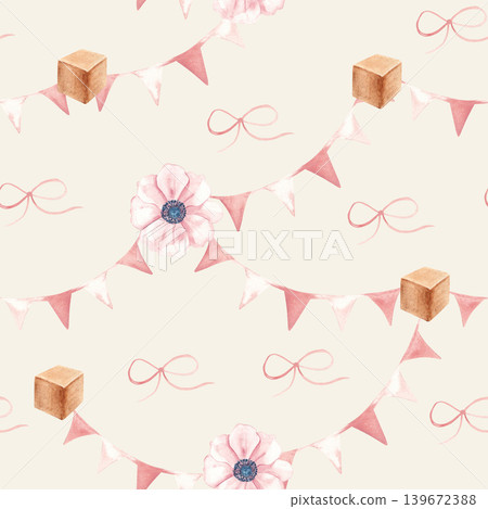 Baby girl seamless watercolor pattern. Pink flowers, wooden cubes and bunting garlands on a beige background. Suitable for fabric, textile, wallpaper, wrapping paper and baby shower designs. 139672388