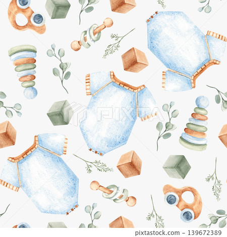 Baby boy watercolor seamless pattern on a light blue background. Blue onesie or bodysuit, wooden toys and eucalyptus branches on a beige background. Suitable for fabric, textile, wallpaper, wrapping 139672389