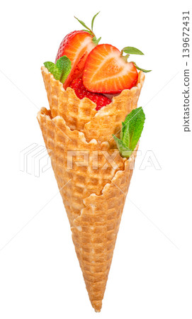 Strawberries in waffle cones isolated on white background vertical summer dessert 139672431