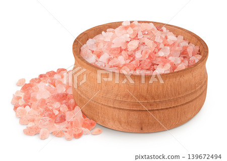 Pink Himalayan salt in wooden bowl isolated on white background with full depth of field Pink Himalayan salt in wooden bowl isolated on white background with full depth of field 139672494
