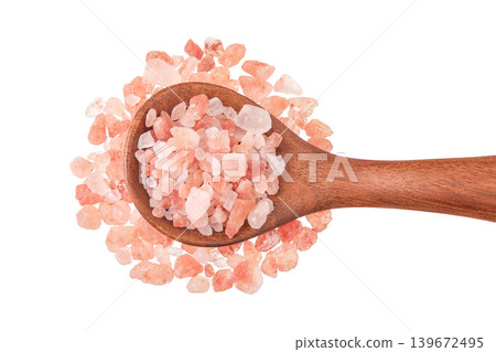 Pink Himalayan salt in wooden spoon isolated on white background. Top view. Flat lay Pink Himalayan salt in wooden spoon isolated on white background. Top view. Flat lay 139672495