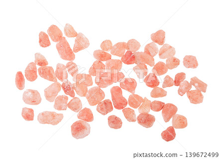 Pink Himalayan salt isolated on white background. Top view. Flat lay Pink Himalayan salt isolated on white background. Top view. Flat lay 139672499