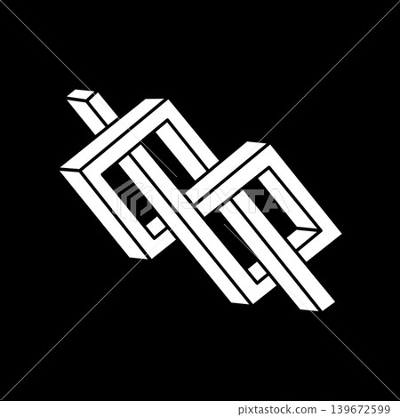 Impossible shapes. Sacred geometry figure. Optical illusion. Abstract eternal geometric objects. Impossible endless outline. Op art. Impossible geometry symbol on a black background. Escher paradox. 139672599