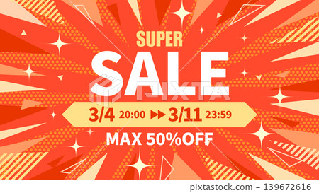 Customizable red sale announcement banner with focus lines, sunburst effect, and glitter. Includes sale period and discount percentage. Customizable red sale announcement banner with focus lines, sunburst effect, and glitter. Includes sale period and discount percentage. 139672616