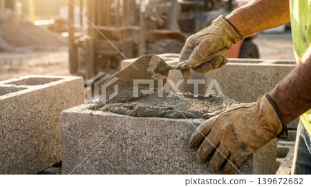 Close Up of Bricklayer Hands Spreading Cement Plaster on Block Close Up of Bricklayer Hands Spreading Cement Plaster on Block 139672682