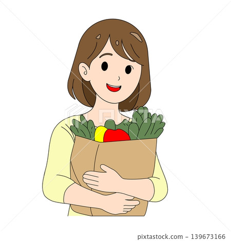 Illustration of a woman holding a paper bag filled with vegetables. Illustration of a woman holding a paper bag filled with vegetables. 139673166